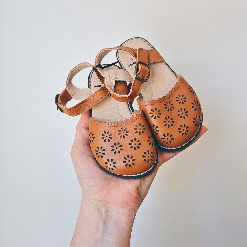 Brown Floral Perforated Sandals with Ankle Strap